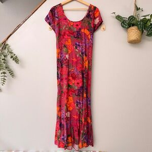 Vtg Jams World Maxi Dress Prairie Red Floral Tropical XL Made Hawaii V-Back Tie